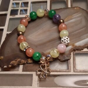 Glass Bead Clover Charm Stretch Bracelet - Multicolor